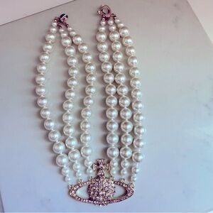 NWOT Elegant Triple Strand Pearl Necklace w Crystal Orb/Cross